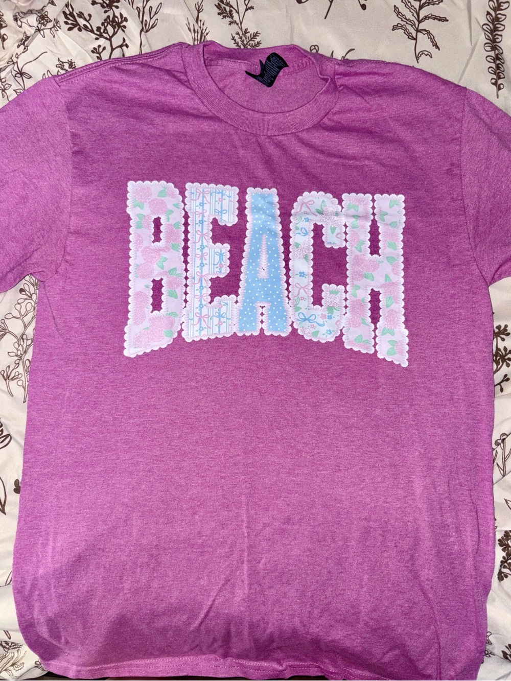 Gildan Purple Graphic Tee with Floral 'BEACH' Lettering